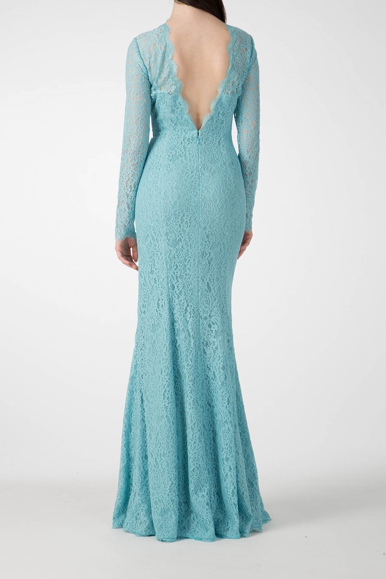 Rear view of a person in an Antonio Croce Australia Allover Lace Gown, a floor-length, long-sleeved piece featuring an illusion neckline and deep V-back. This vintage Antonio Croce creation boasts a fitted silhouette and light texture, exuding timeless elegance.