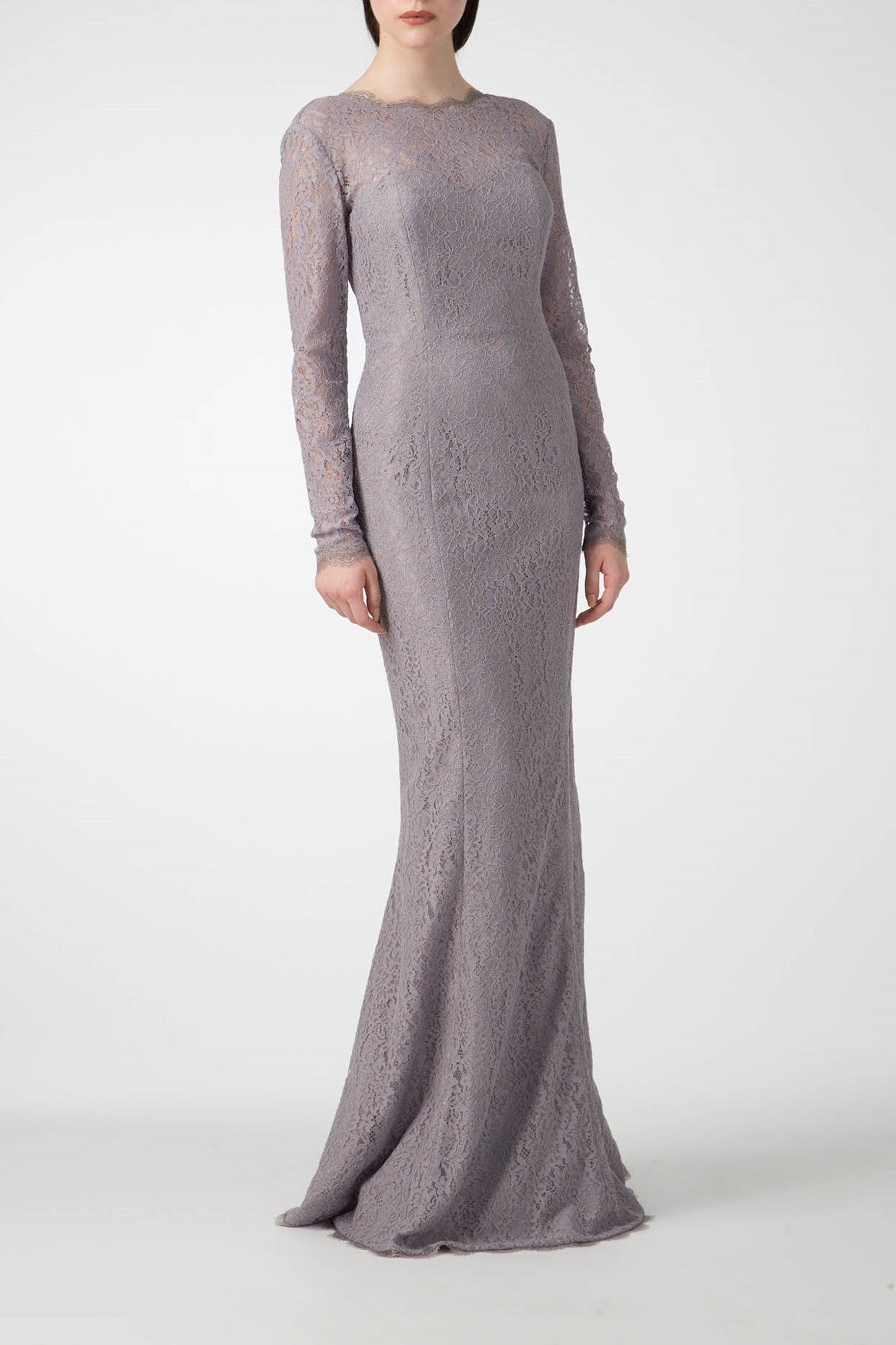 An individual is elegantly dressed in the Antonio Croce Australia Allover Lace Gown with a plunging back, featuring an intricate light gray lace design and an illusion neckline, standing against a plain white background. This vintage piece showcases a delicate pattern with long sleeves and a floor-length hemline; the individual's head remains out of view.