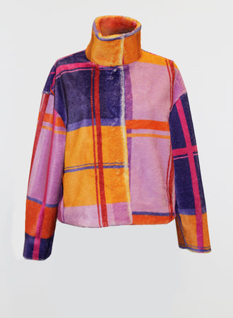 Introducing the Fuzzi Woman Colorful Turtleneck Sweater, a vibrant long-sleeve piece with a high collar showcasing a plaid pattern in shades of purple, orange, pink, and yellow. Its cozy fabric offers a soft, velvety texture.