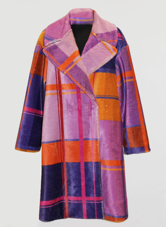 Introducing the Fuzzi Woman Colorful Plaid Coat, a vintage-inspired oversized piece by Fuzzi that boasts a vibrant checkered design in shades of purple, pink, orange, and dark blue against a plain background.