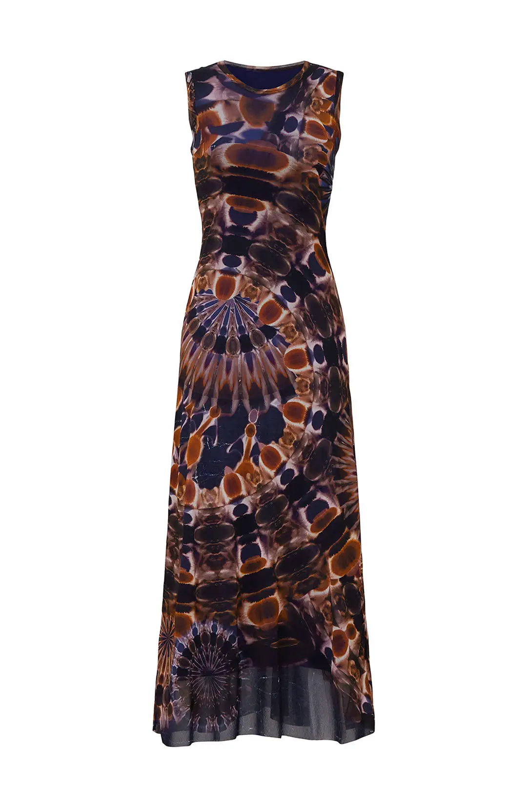 The Fuzzi Woman Tie-Dye Mesh Midi Dress, crafted by Fuzzi, showcases a sleeveless design with vibrant tie-dye patterns in shades of brown, blue, and black. Its versatile silhouette features concentric circular designs, offering a bold and artistic look.