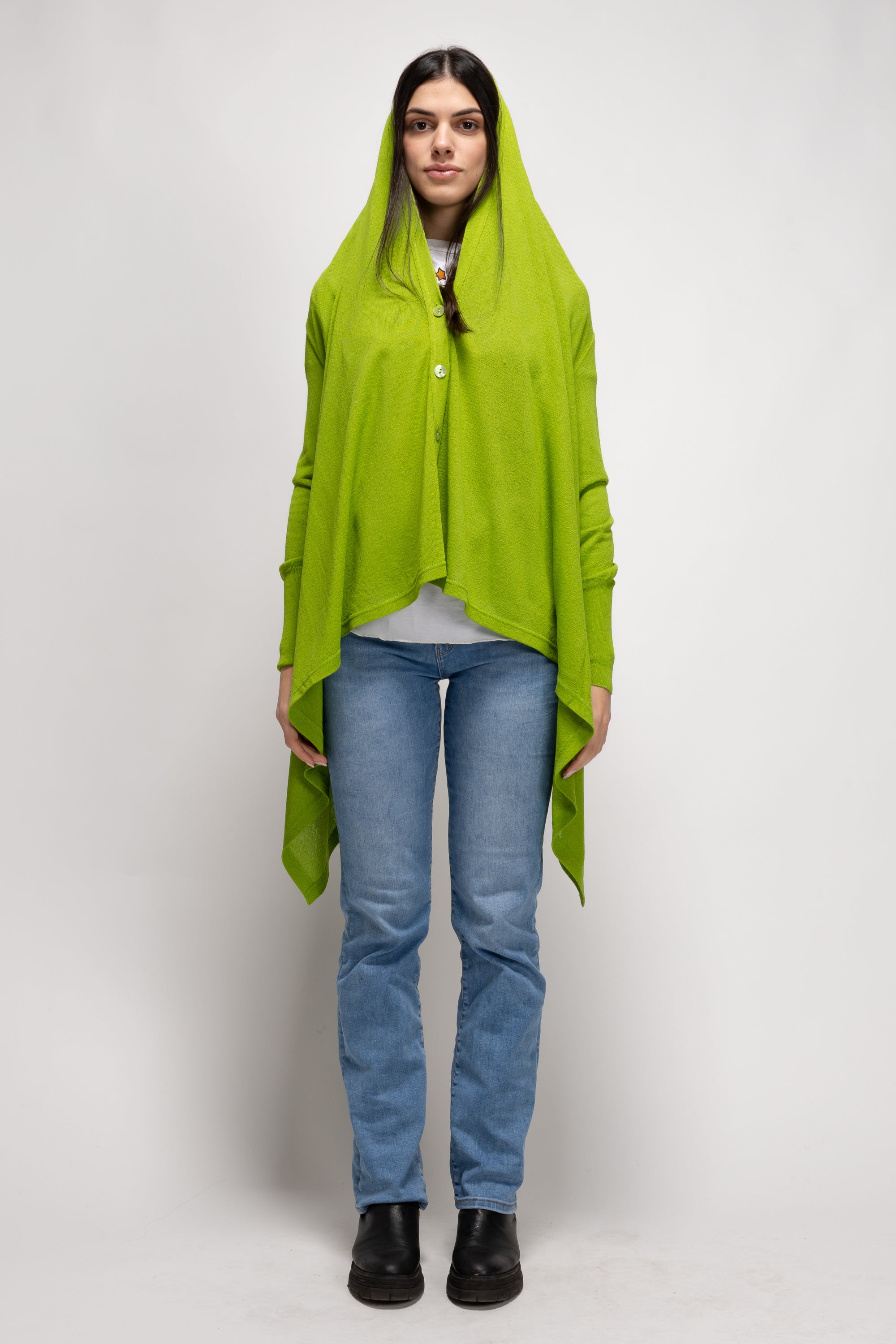 Vintage Woman Lime Green Oversized Cardigan with Hood - Spring/Summer 1992