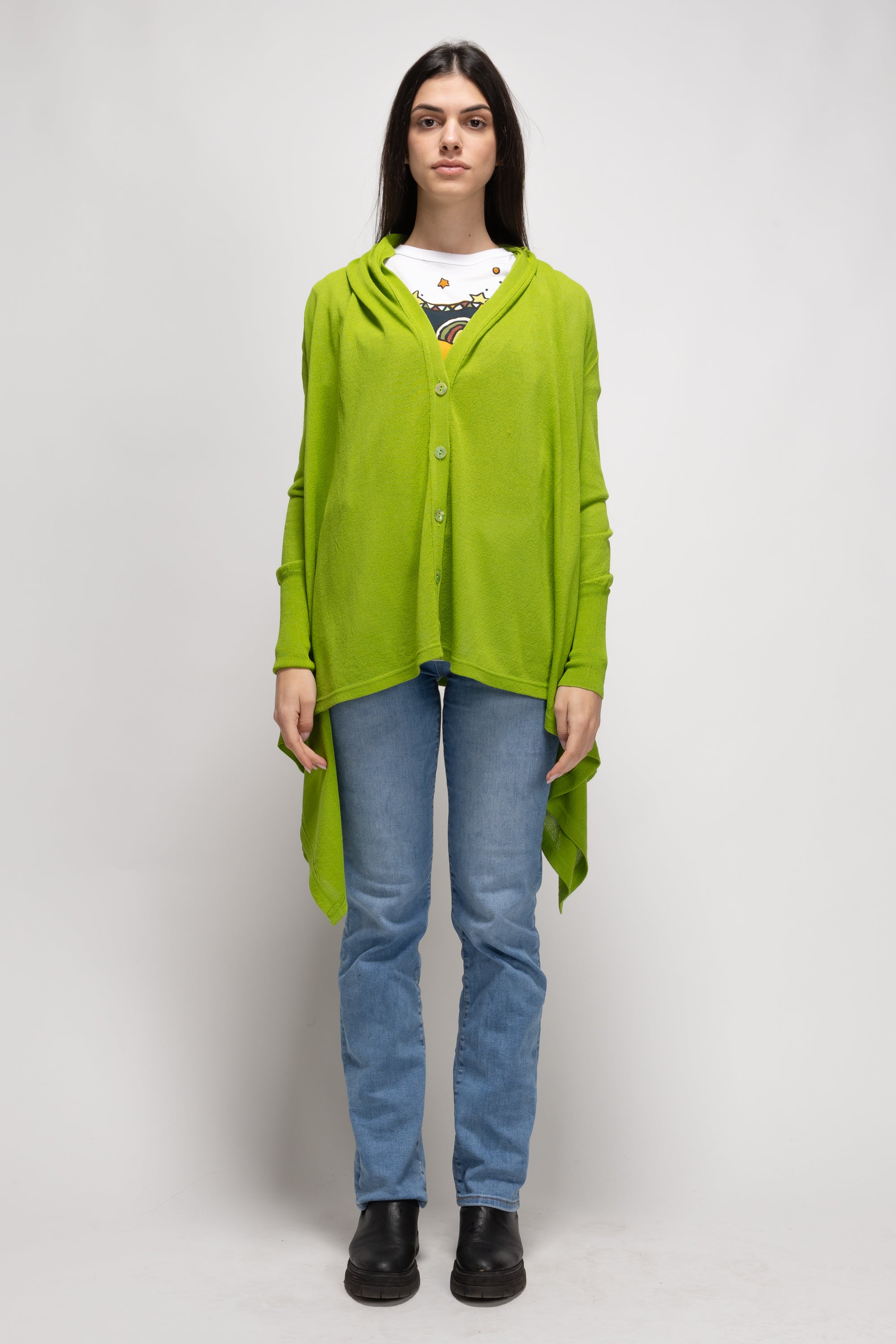 Vintage Woman Lime Green Oversized Cardigan with Hood - Spring/Summer 1992